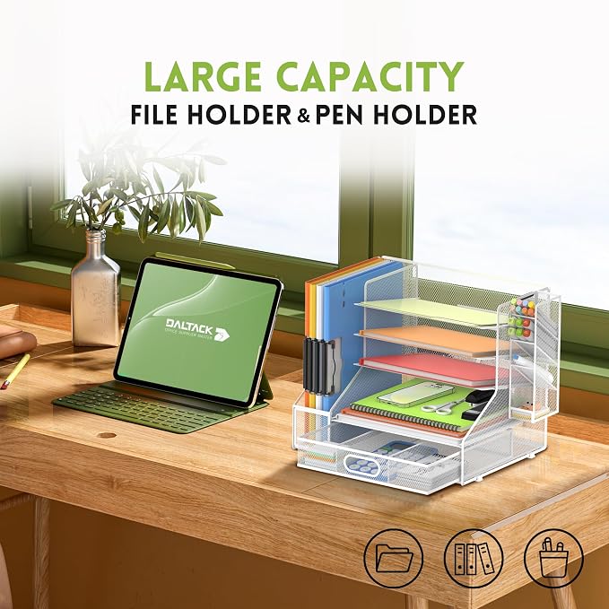 5-Tier Desk Organizer with File Holder & Pen Holder & Sliding Drawer, White | Mesh Metal Paper Letter Tray for Papers, Mail, Office Supplies, and Desk Accessories