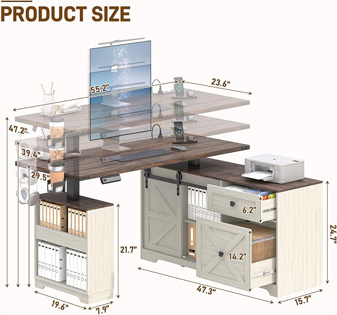St.Mandyu L Shaped Electric Standing Desk 55" White with Power & Storage | File drawer, sliding door cabinet, cup holder, height adjustable, sturdy wood frame, home office for work/study/writing