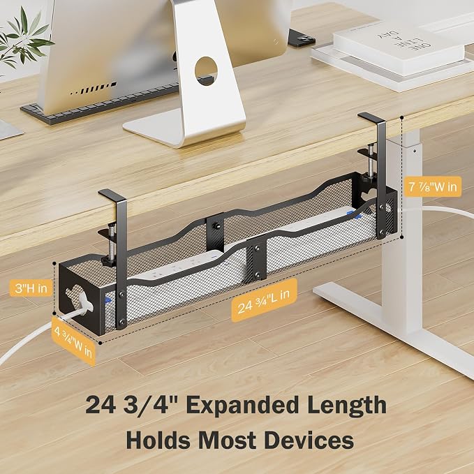 DELAMU 25'' Upgraded No Drilling Under Desk Cable Management Tray, Black | Under Desk Cable Management, Extra-Long, No Tools Required Installation, Height-adjustable, Home Office Gaming Accessories
