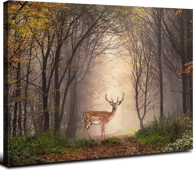 Wild Animal Landscape Canvas Wall Art Deer in Autumn Foggy Forest Picture Wall Decor Elk Wildlife Scenery Photo Prints Painting Decoration for Modern Living Room Bedroom Bathroom Home Art 16x24 Inch