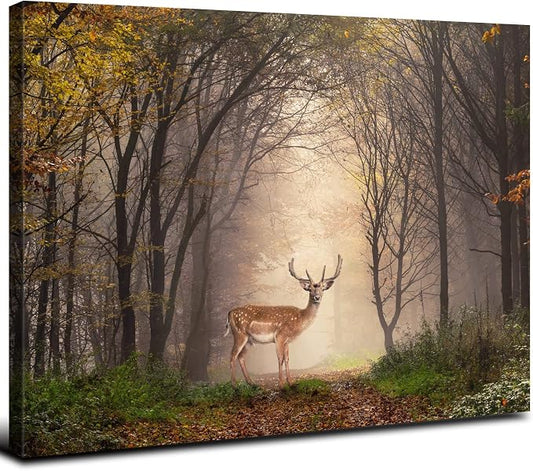 Wild Animal Landscape Canvas Wall Art Deer in Autumn Foggy Forest Picture Wall Decor Elk Wildlife Scenery Photo Prints Painting Decoration for Modern Living Room Bedroom Bathroom Home Art 32x48 Inch