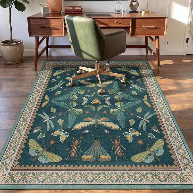 4'x5' Teal Office Chair Mat for Hardwood Floors, Insect Boho Design,Non-Slip Low Pile Desk Rug, 48"x60" Small Area Rug for Computer Desk Home Office, Machine Washable WFH Essential for Dorm Room