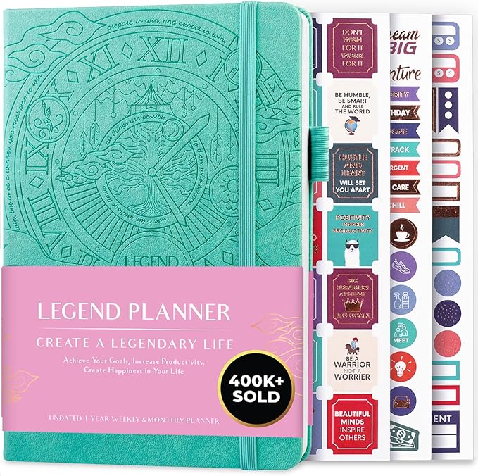 Legend Undated Weekly Planner – Goal Planner Journal & Organizer Notebook – Agenda Book with Monthly Calendar & To-Do List, A5 (Aquamarine)