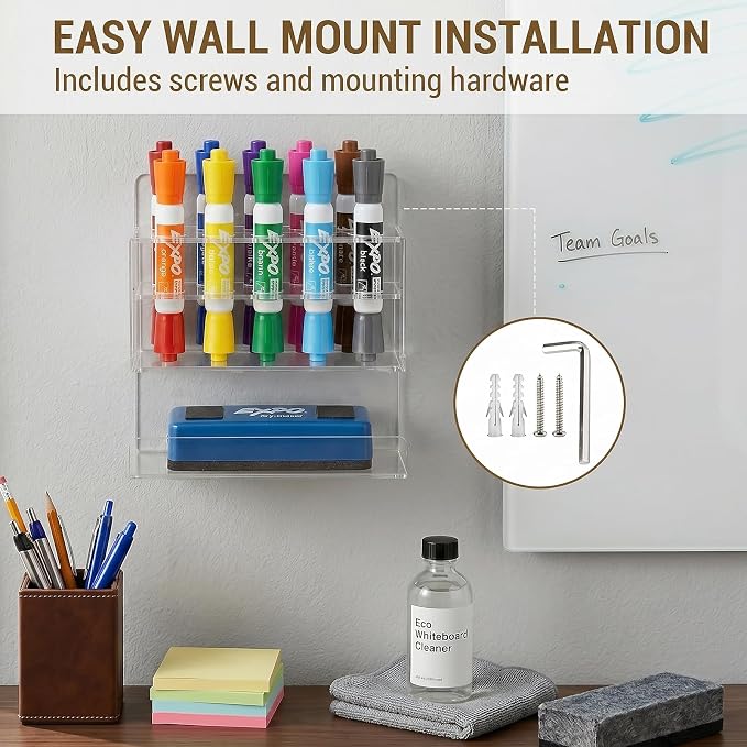 MyGift Dry Erase Marker Holder 10 Slots Whiteboard Marker Holder For Wall Dry Erase Eraser Holder Wall Mount Clear