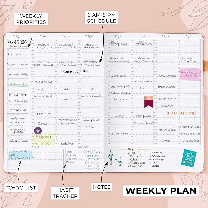 GoGirl Planner PRO Schedule - Undated Planner with Hourly Time Slots, Monthly, Weekly & Daily Organizer, Appointment Book for time Management, 7"x10" Hardcover, Lasts 1 Year - Peach Pink