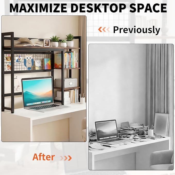 Desktop Shelf, 38.5'' Desktop Organizer Shelf for Computer Monitor, 4 Tier Hutch Storage Rack for Home Office Dorm, Rustic Brown