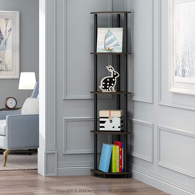 Furinno TURN-N-TUBE Corner Shelf Set of 2, 5-Tier Corner Bookshelf, Open Storage Shelves, for Organization and Storage, Living Room, Home Office, Garage, Dark Brown Grain