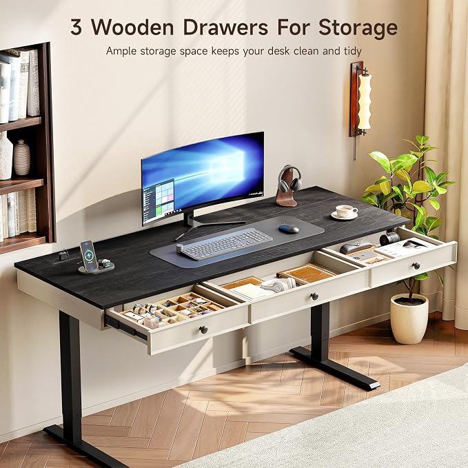 55 Inch Electric Standing Desk with 3 Drawers, Home Office Desk, Black | Computer Desks Retro Corner Table & Drawers, Height Adjustable Stand Up Desk with Storage & Outlets for Computer Workstation