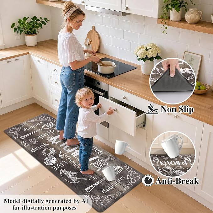 HEBE Anti Fatigue Kitchen Rugs Set of 2, Non Slip Cushioned Kitchen Mats for Floor, Waterproof Farmhouse Comfort Standing Desk Mat for Kitchen Sink,Office,Laundry