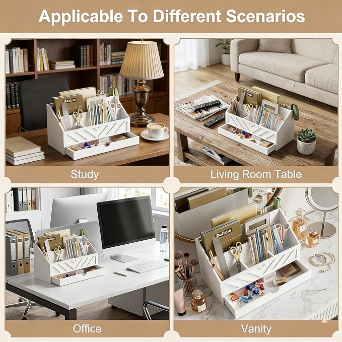 SRIWATANA White Desk Mail Organizer with Drawer, 5 Slot Countertop Sorter | Pull-out Drawer Storage, 5 Compartment Mail Sorter, Holds Letters Bills Envelopes Receipts, for Home Office