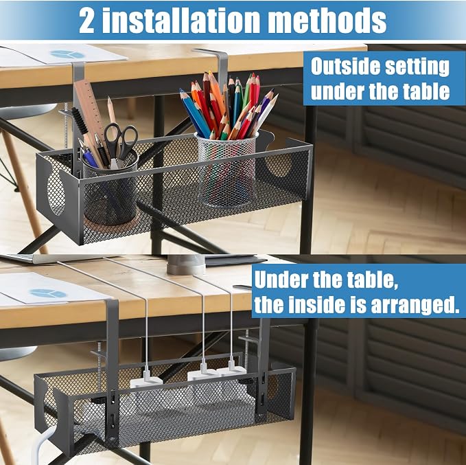 Under Desk Cable Management Tray, No Drill Steel Cord Organizer Kit with 52Pcs Different Essential Accessories for Home Office Standing Desk (13.4inch, Black)