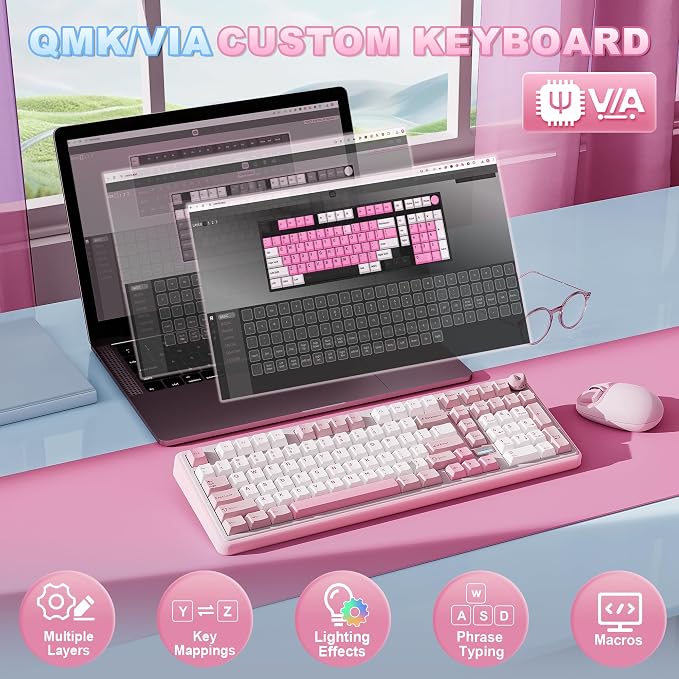 YUNZII B98 PRO QMK/VIA Wireless Mechanical Gaming Keyboard,96% Layout with Numpad and Cute Cat Knob, BT/2.4G/USB-C,Linear Switch Hot Swap Gasket,RGB for Win/Mac (Pink, Candy Linear Switch)