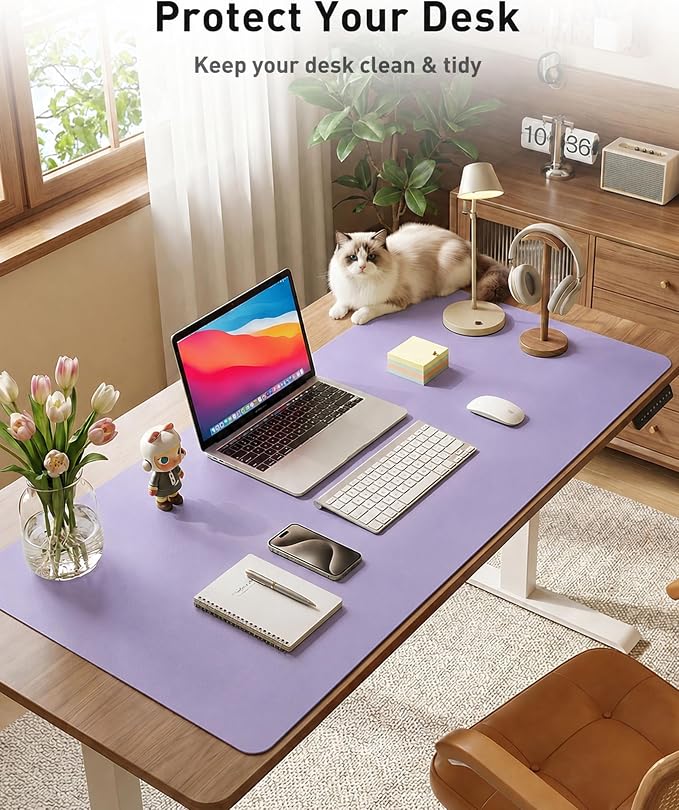 Aothia Faux Leather Desk Mat – Large Desk Pad & Mouse Pad, Smooth Writing Surface, Waterproof Desk Protector, Suede Back, Office & Home (Light Purple, 42" x 17")