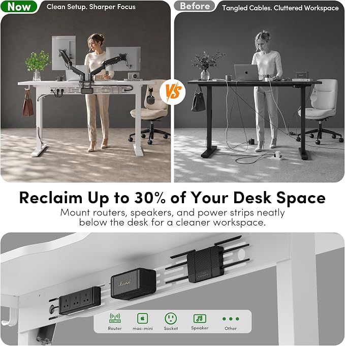 FEZIBO Electric Standing Desk with L-Shaped Crossbar & Cable Management System, 48 x 24 Inches Sit Stand up Desk, Adjustable Height Standing Desk for Home Office, White