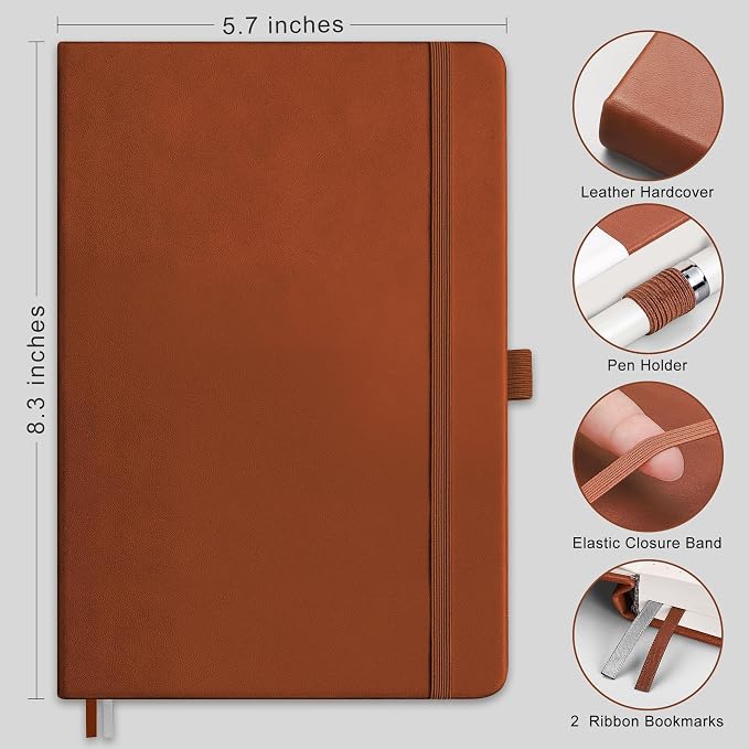 RETTACY Dotted Journal Notebook, 192 Pages, A5 Medium Size (5.7'' x 8.3''), Leather Hardcover, 100 GSM Thick Paper, for Journaling, Planning, Tracking (Brown)