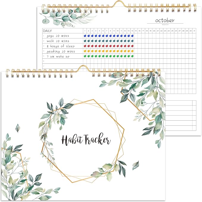 Habit Tracker Calendar - 12 Months Undated Daily Weekly & Monthly Period Habit Tracker Journal, Greenery Floral, Spiral Binding & Hanger, 7.8"x10"