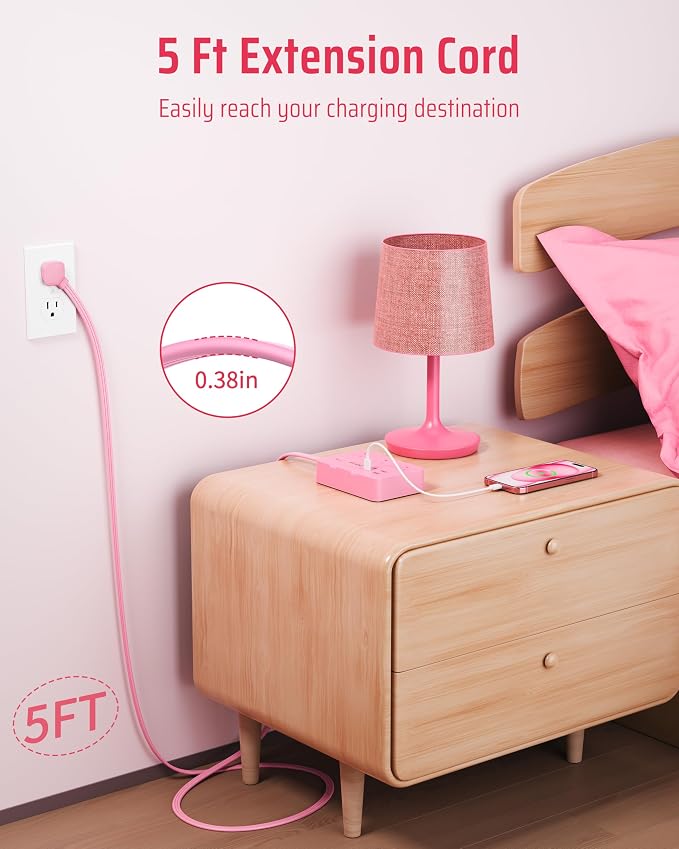 DEPOW Pink Power Strip, 5FT Extension Cord with 6 AC Outlets（1625W/13A 4 USB Ports (2 USB C), 1050J Surge Protector, Flat Plug Wall Mountable Charging Station for Dorm Room Desk Bedroom Kawaii Decor