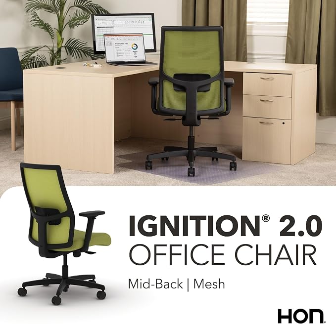HON Ignition 2.0 Mid‑Back Ergonomic Office Chair, Mesh Task Desk Chair with Lumbar Support, Standard Synchro‑Tilt, Height and Width Adjustable Arms, Black Frame, Pear