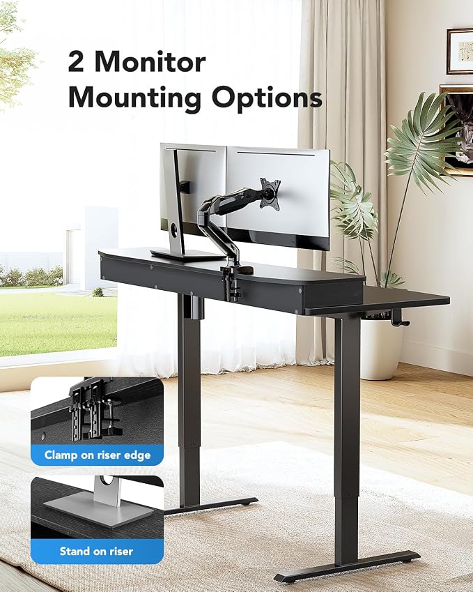 HUANUO 48″ x 28″ Electric Standing Desk with 2 Drawers, C-Clamp Mount Compatible, Height Adjustable Computer Desk, Home Office Stand Up Desk with 4 Preset Heights & 2 Hooks, Black