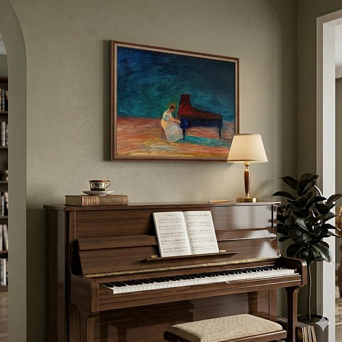 Framed Vintage Music Wall Art, Retro Mid Century Modern Piano Canvas Prints Artwork for Walls, Abstract Woman Picture for Music Room Dining Room Bedroom Living Room Elegant Home Wall Decor, 24x18 Inch