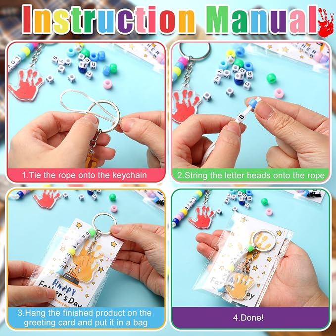Suncalla 996 Pcs 24 Set Father's Day Keychain Making Kit DIY Bead Keychain Crafts Father's Day Adjustable Letter Beads Handprint Keyrings Cards Strings Gift Kit Accessories Party Favors for Dad