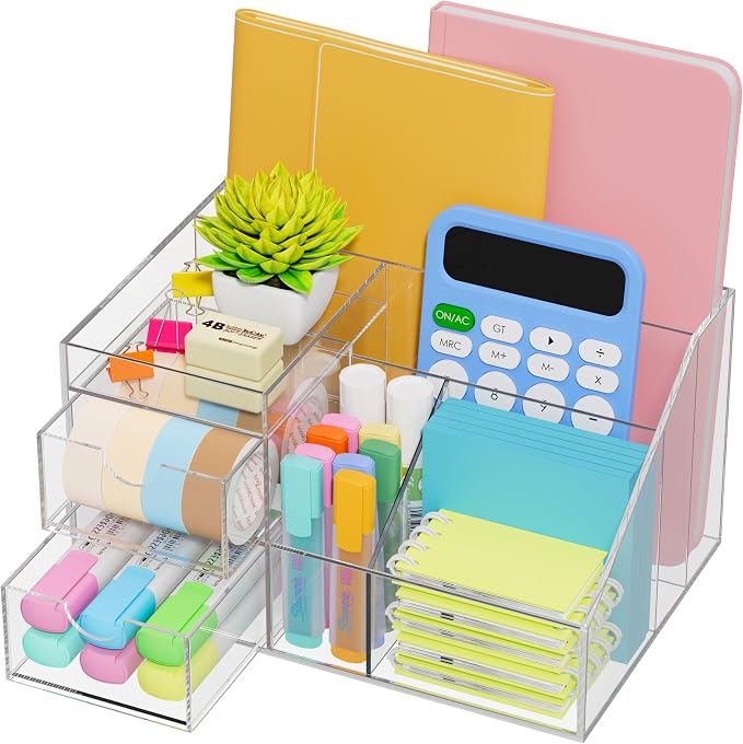 VITVITI Acrylic Desk Organizer with Drawer, Clear 8 Compartments Pen Holder | Desktop Stationery Organizer, Office Pen Pencil Storage, Back to School, Home Art Supplies, Large Capacity
