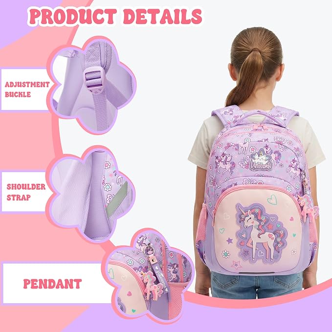 Kids Backpacks for Girls,School Backpack for Girls with Lunch Box Set Cute Unicorn Kids Bookbag for Girl Lightweight Travel Daypack Birthday Christmas for Girl