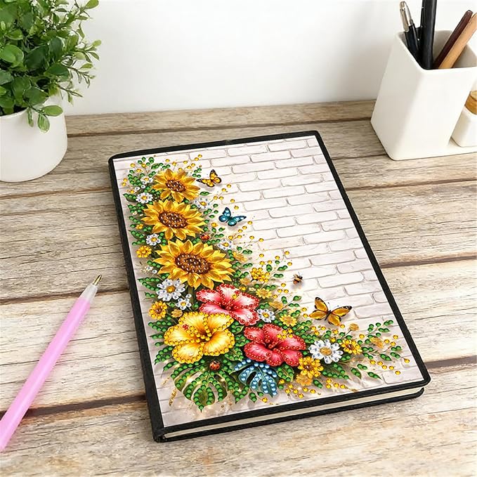 FRANDEK Diamond Art Painting Notebook Kit, Flower Butterfly A5 DIY Journal with 50 Blank Pages, Crystal Rhinestone Cover with Waterproof Canvas, Beginner Craft Set with Full Tools for Adults