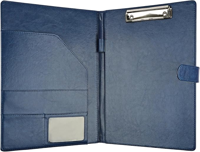 Professional Padfolio with Clipboard, Faux Leather Portfolio Folder Binder, Legal Pad Holder for A4 Letter Size Notepad, Resume, Writing Pad, Ideal Organizer for Business Office Conference (Blue)