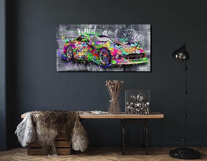 SIXTTART Graffiti Car Wall-Decor - Banksy Canvas Wall Art for Bedroom - Teen Boy Room Decor Ready To Hang Size 40" x 20"