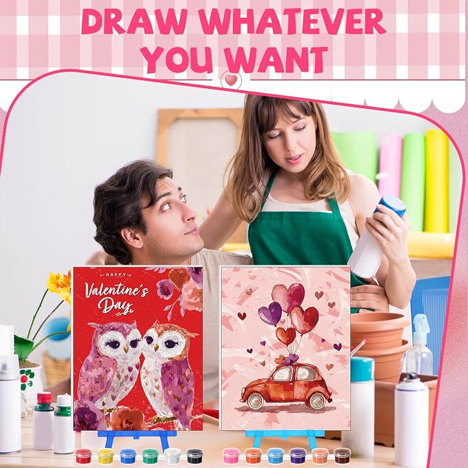 Blosssound 10 Set Valentine's Day Pre Printed Canvas Heart Pre Drawn Canvas Painting with Easel Kits 5" x 7" Outline Painting Panels for Beginners, DIY Craft Project, Home Decors