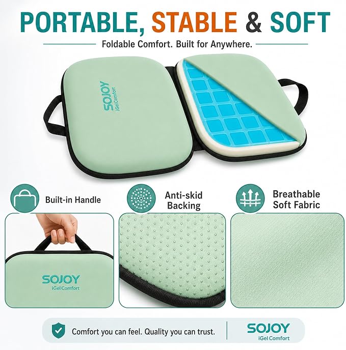 Sojoy 3-in-1 Foldable Gel Seat Cushion with Memory Foam Ergonomic Portable Cushion for Back Pain & Tailbone Relief - Perfect for Office Chair, Airplane Travel & Stadium Seats (18.5" x 15" x 2" Green)