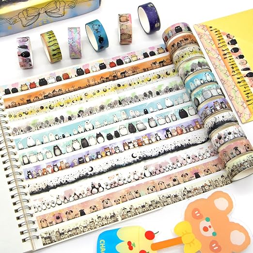 Kawaii Washi Tape Set - 24 Rolls Cute Animals Aesthetic Decorative Washi Tape for Scrapbooking Supplies, Bullet Journal Supplies, Junk Journal, Kids Art Craft Tape