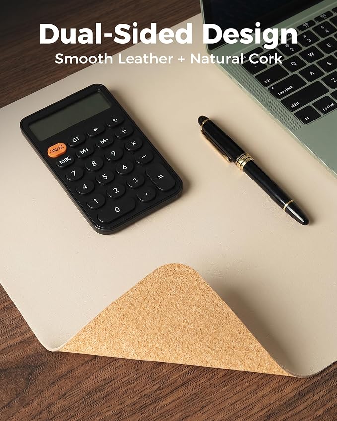 Aothia Dual-Sided Desk Mat - Leather & Cork Desk Protector, Large Mouse Pad & Writing Pad for Office/Home, Waterproof, Beige (35.4" x 15.7")