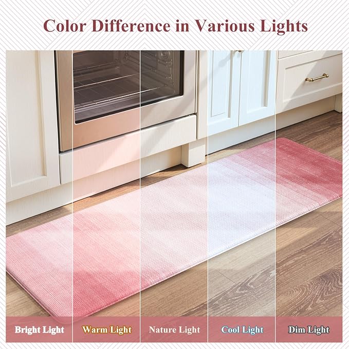 KIMODE Kitchen Anti Fatigue Mats, Boho Farmhouse Kitchen Rugs Sets of 2 | Gradient Pink Memory Foam Kitchen Mats for Floor,Cushioned Rugs for Kithcen Floor Decor Sink Laundry Office 17"x47"+17"x29"