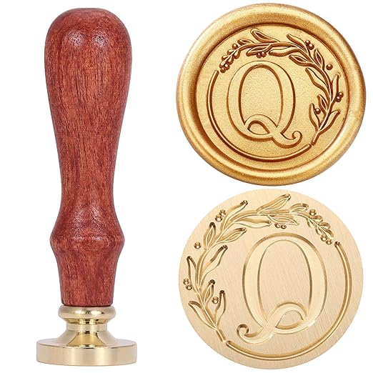Yoption Letter Wax Seal Kit, Vintage Initial Alphabet Q with Wreath Sealing Stamp and 120 Antique Gold Wax Seal Beads