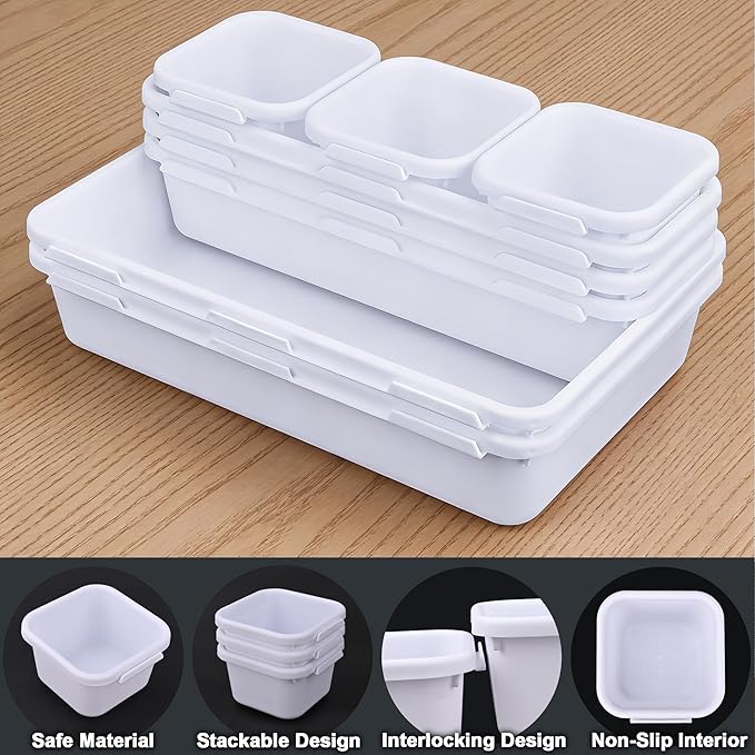 Desk Drawer Organizer Tray Set, 8PCS Plastic Drawer Organizer Bins for Office, Makeup, Kitchen - White Desk Organizer with Flexible Interlocking Design for Efficient (White, 8PCS)