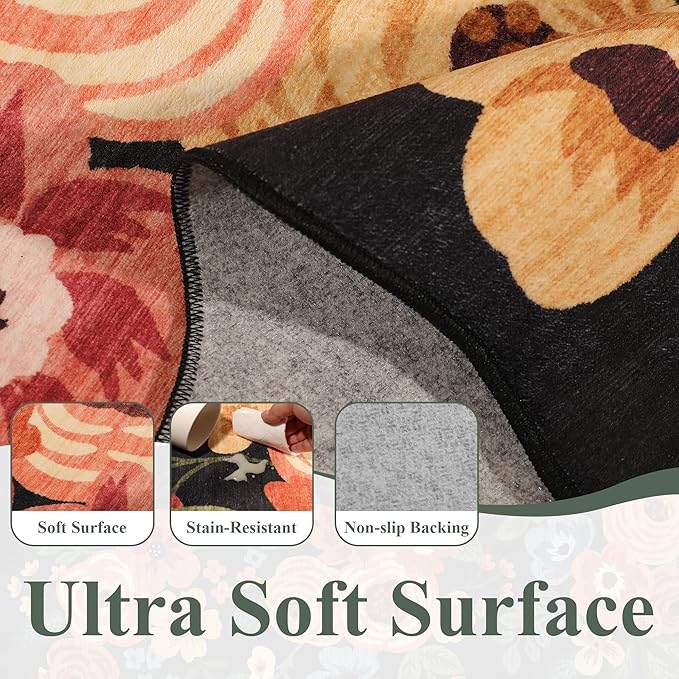 DUKINO 2x8 Washable Runner Rug, Lightweight Soft Floral Hallway Rug Runner with Low Pile Design, Non Shedding & Non Slip Backing Thin Indoor Carpet for Bedroom, Bathroom, Entrance, Kitchen, Black