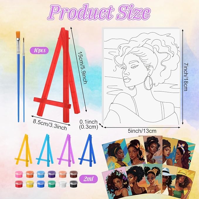 Blosssound 10 Set Pre Printed Canvas Pre Drawn Canvas Painting with Easel Kits 5" x 7" Outline Painting Panels for Beginners, DIY Craft Project, Home Decors(Black Women)