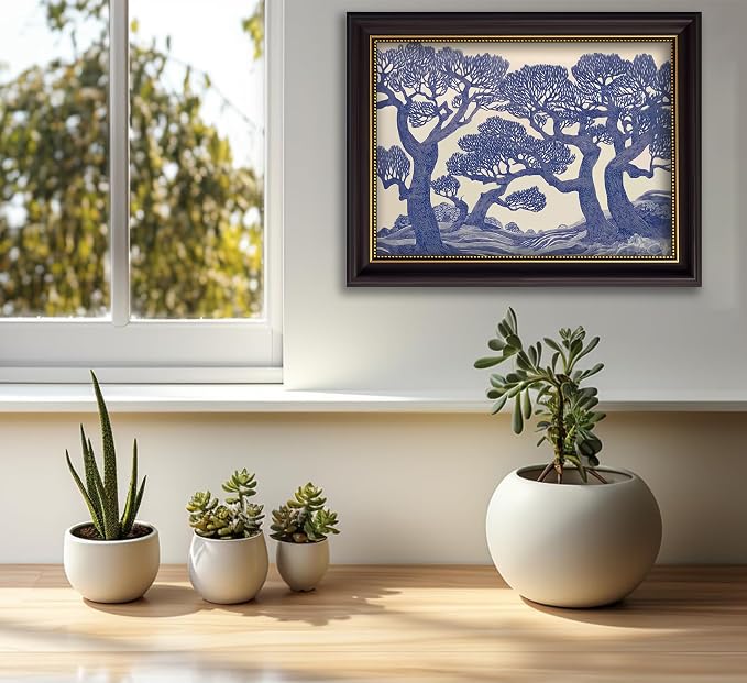 Vintage Gold Framed Wall Art Oak Tree Forest Painting Canvas Prints Blue Woodland Nature Landscape Picture Moody Botanical Poster Artwork for Living Room Bedroom, 12x16in