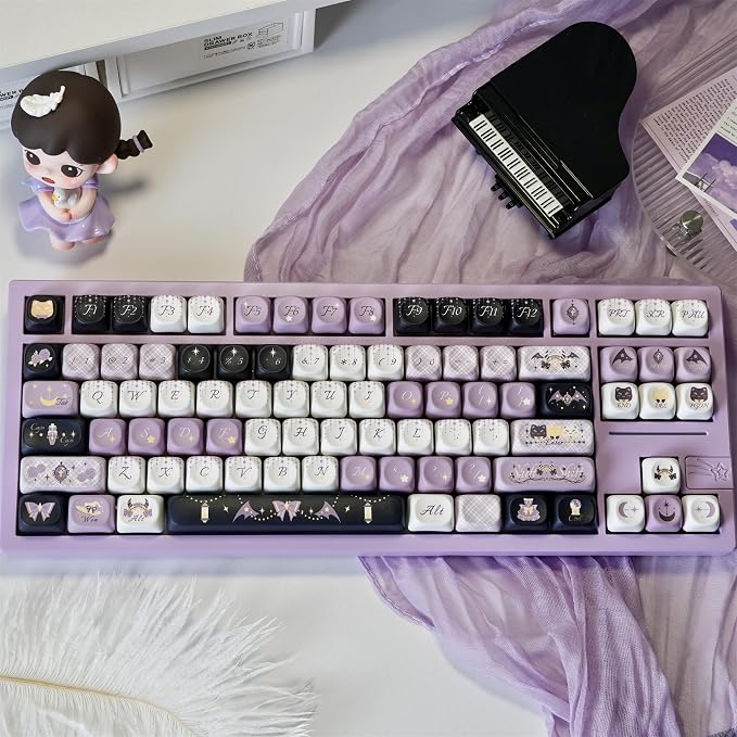 Custom Keyboard Keycaps,MOA Profile Halloween-Themed Keycaps PBT Dye-Sublimation 129 Keys Full Size Key Caps Set for Cherry MX Switches Mechanical Gaming Keyboard DIY (Purple-Witch)