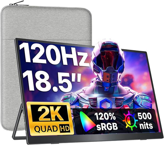 VisionOwl Portable Monitor 18.5 Inch 2K QHD 120Hz Second Screen, USB-C HDMI HDR Travel Monitor for Laptop PC MacBook PS5 Xbox, VESA Mountable, with Speakers, Built-in Kickstand