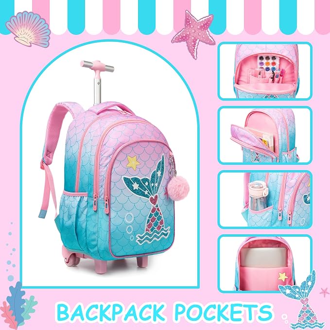 Rolling Backpack for Girls Kids Backpack with Wheels Travel Backpack for School Elementary Primary Students Kids Backpack with Lunch Box Pencil Case