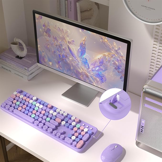 MPTOG Colorful Wireless Computer Keyboard and Mouse Combo with Round Typewriter Keycaps, Retro Design, Power Switch, Ergonomic Design, 2.4GHz Wireless for Windows, Mac, PC(Purple-Colorful)