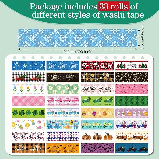 TaoBary 33 Rolls Washi Tape Set, 15 mm Holiday Washi Tape Set Seasonal Plaid Bohemian Colorful Vintage Cute for Card Wrapping Craft(Cute Style)