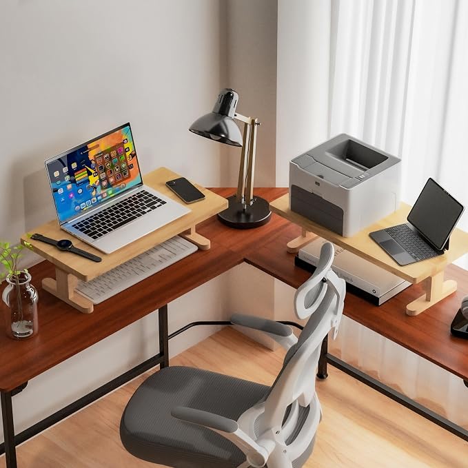 Bamboo Monitor Stand Riser for Desk with 4-Level Height Adjustment | Ergonomic Computer Riser, Desktop Organizer Shelf, Sturdy 100 lbs Support, Height Adjustable Laptop Stand, Warp-Proof, Large