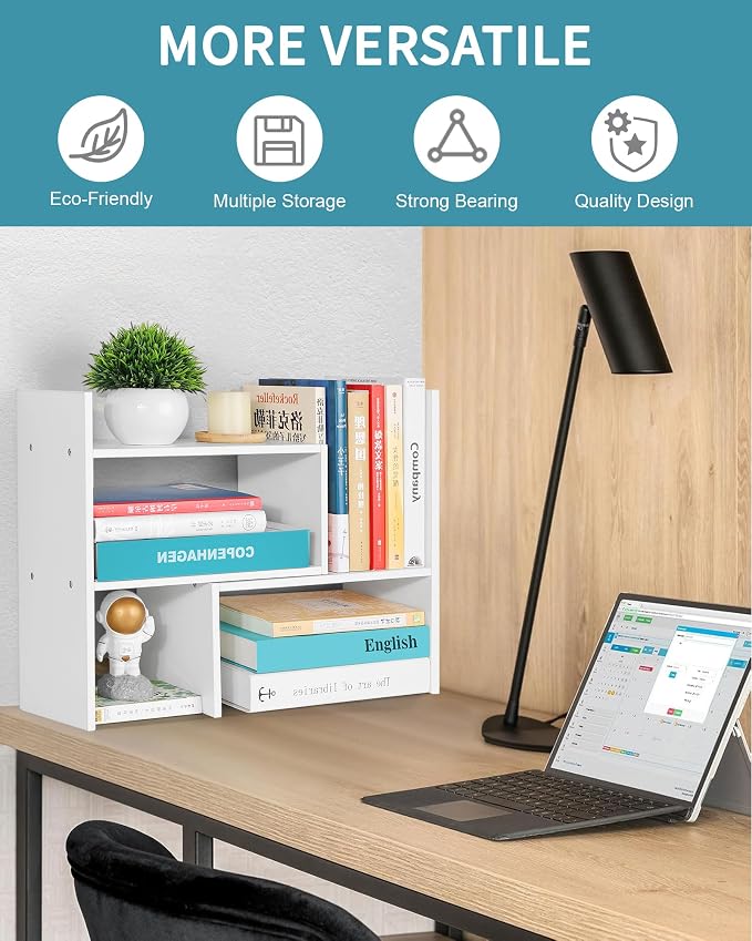 Desktop Shelf Organizer,Adjustable Stackable Office Storage Rack,Wood Display Shelf,White Small Bookshelf for Desktop,Tabletop Desk Shelf,Multipurpose Shelves for Office, Dormitory,Home Decor.