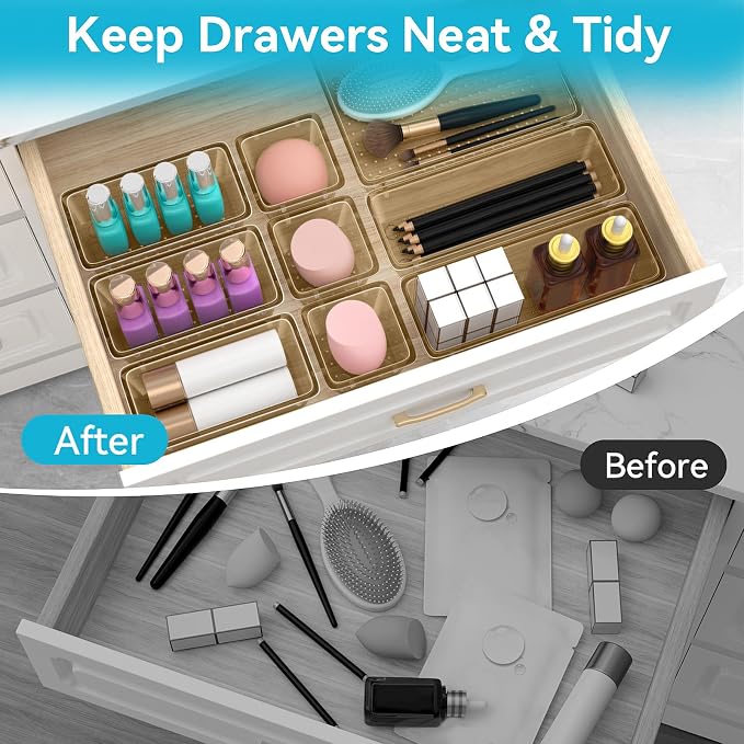 ElegantArray 12 PCS Drawer Organizer Set, 4 Sizes Tool Storage Trays, Clear Plastic Makeup Vanity Organizer and Storage Bins for Stationeries, Multiple Gadgets for Office, Bedroom, Champagne