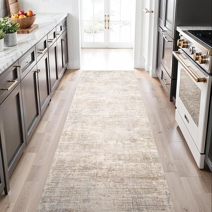 3x6 Hallway Washable Runner Rug - Non-Slip Kitchen Rugs with Rubber Backing Abstract Neutral Low-Pile Carpet Runners for Laundry Room Home Decor Bedroom Bathroom Entryway (Ivory Beige Distressed,3x6)