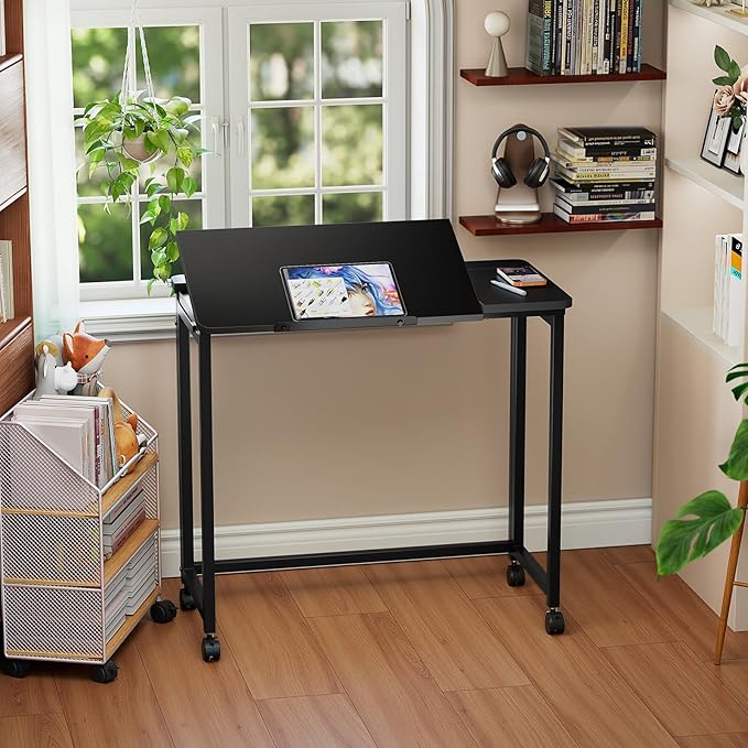 GreenForest Folding Desk with Tiltable Desktop 0°-90°, 31.5 inch Drafting Table with Rolling Wheels, Foldable Craft Table for Drawing, Reading, Laptop, Work, Black